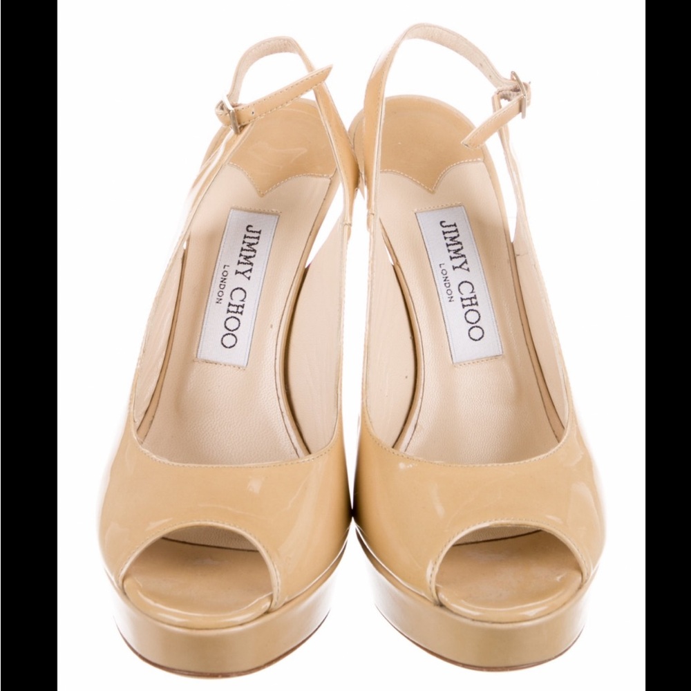 Jimmy Choo Nude Patent Peep-Toe Slingback Platforms
